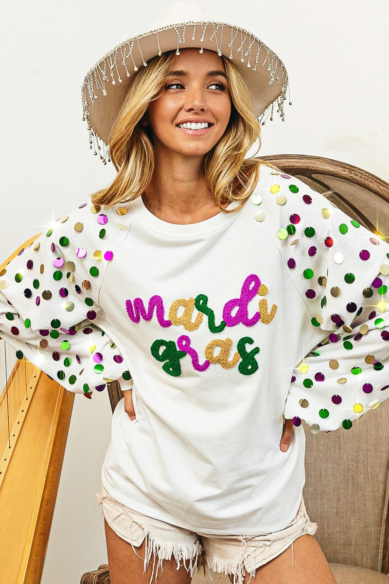 IP8601J-03 Mardi Gras Letter Patches and Glitter Pullover