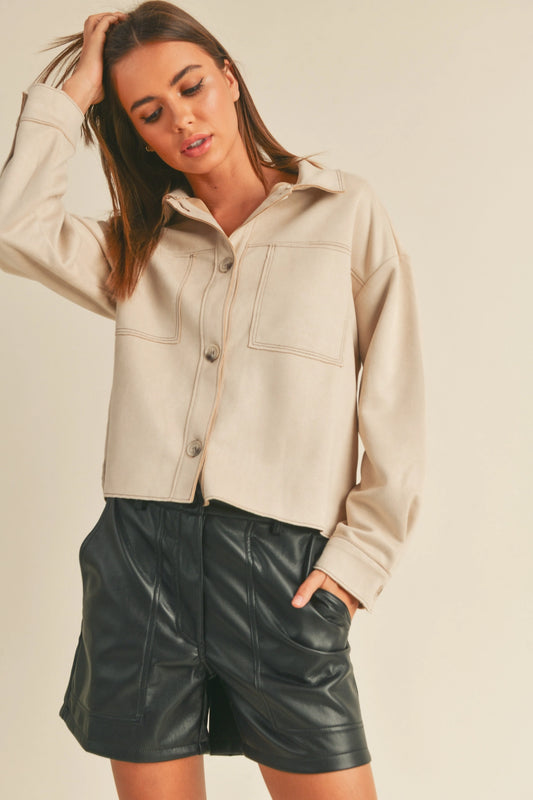 Suede Buttondown Jacket with Stitch Detail