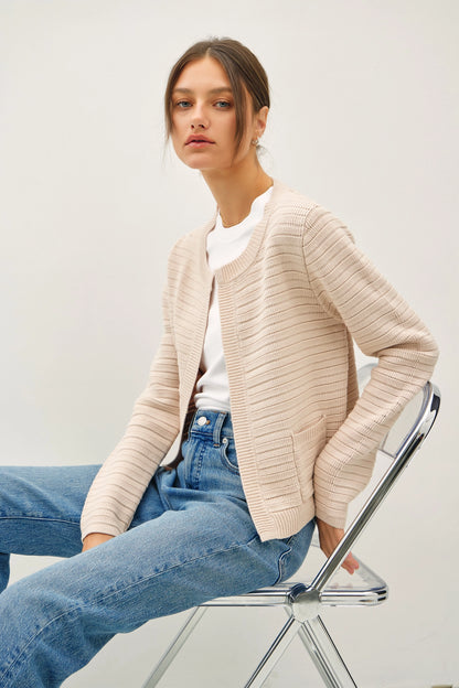 Raised Rib Round Neck Open Cardigan