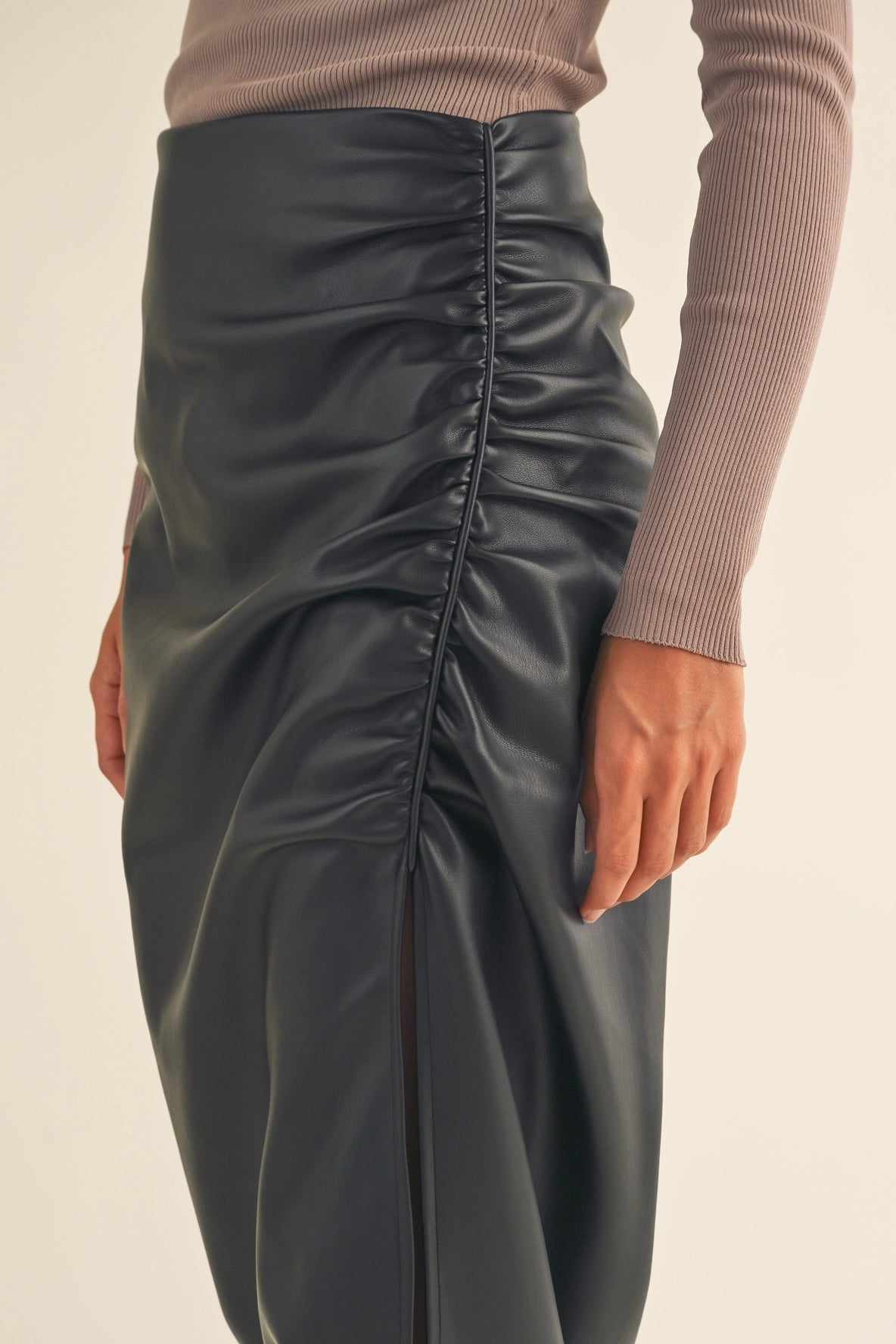 Ruched with Slit Front Faux Leather Skirt