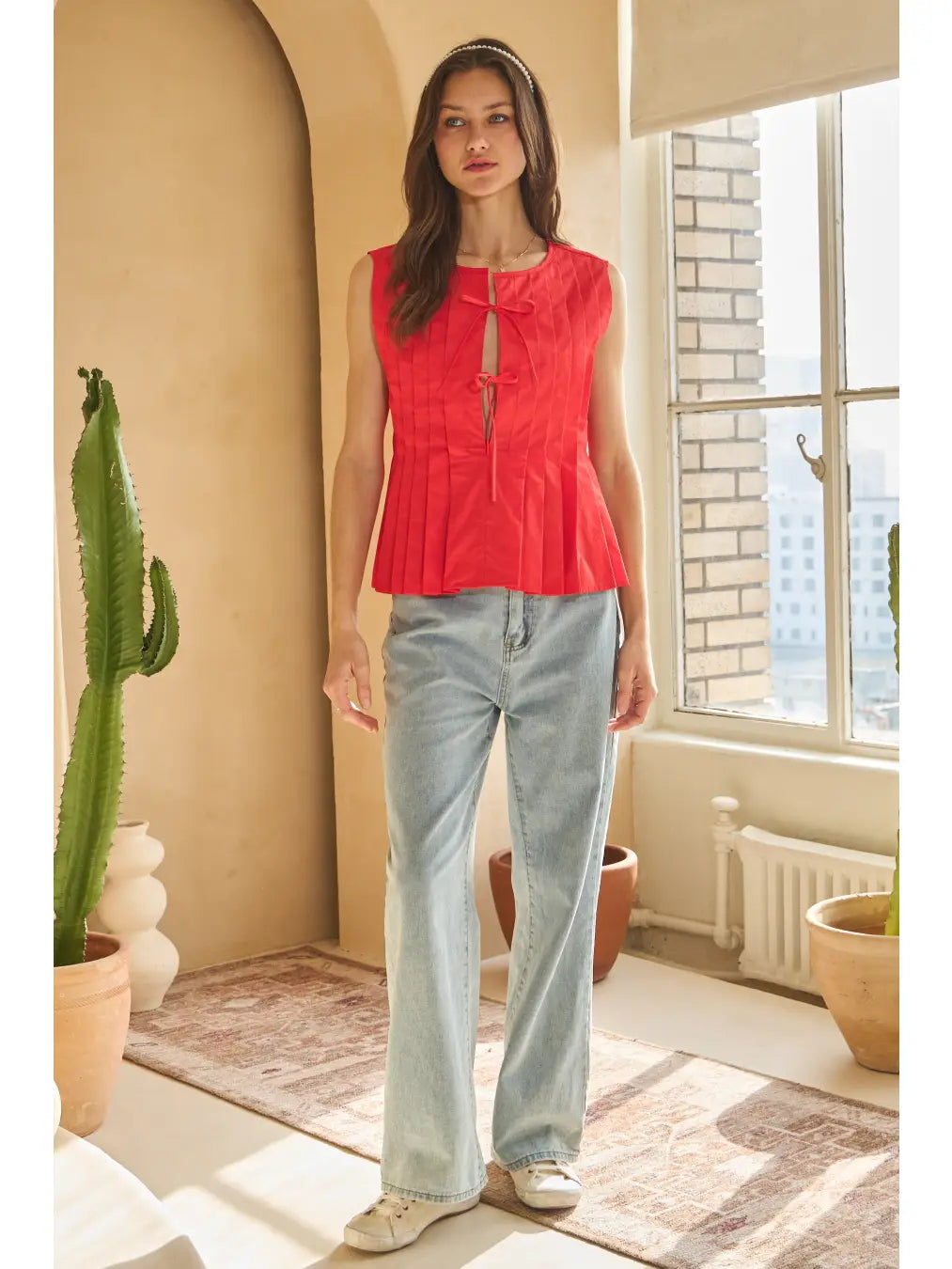 Plus | Solid Poplin Pleated Sleeveless Top