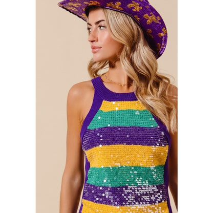 Mardi Gras Color Wide Stripe Clear Sequins Sweater