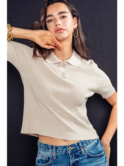 Ribbed Knit Collared Short Sleeve Polo