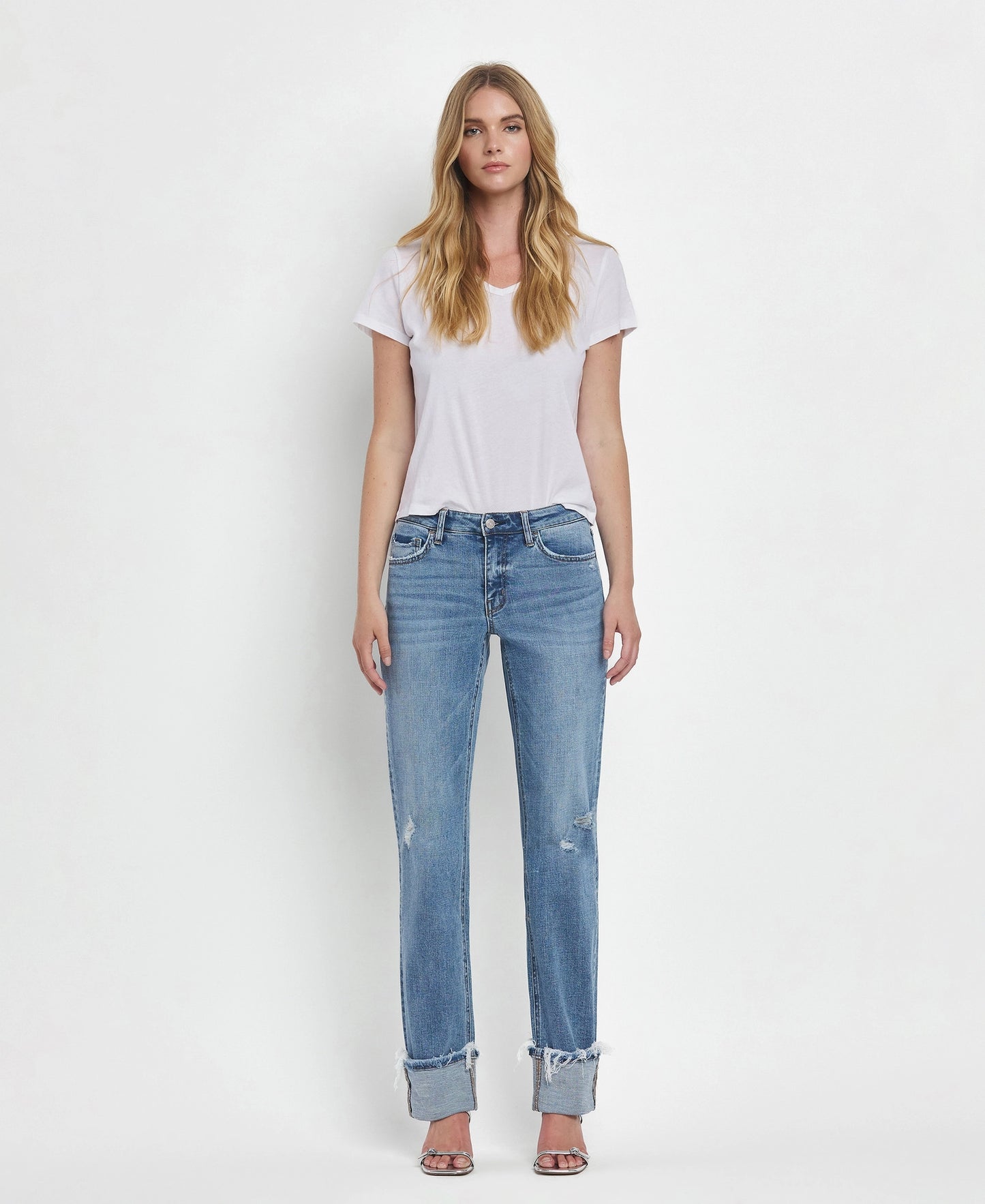 Mid Rise Cuffed Straight Jeans