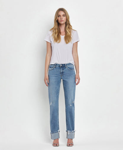 Mid Rise Cuffed Straight Jeans