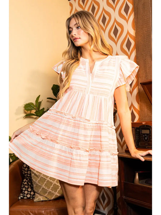 Linen Stripe Ruffle Sleeve Mini Dress