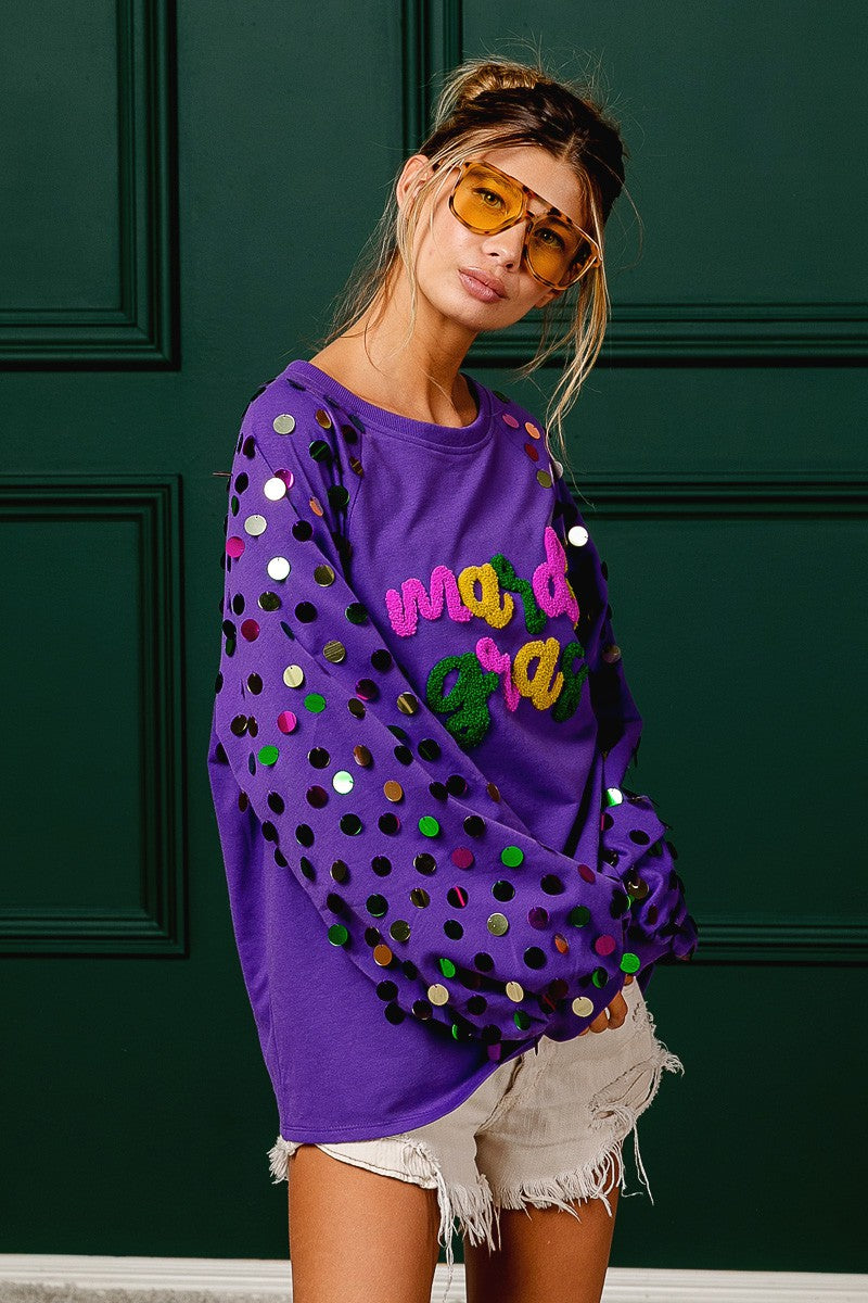 IP8601J-03 Mardi Gras Letter Patches and Glitter Pullover