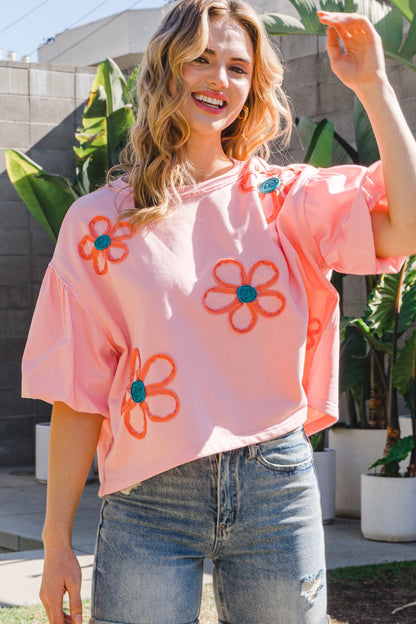 Flower Embroidery Detail Solid Knit Top