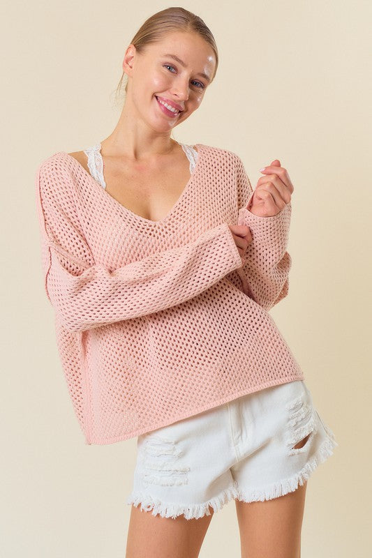 V-Neck Long Sleeve Fishnet Sweater Knit Top