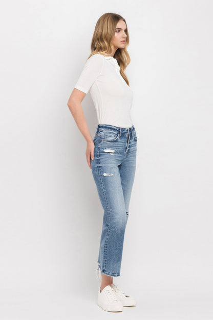 High Rise Distressed Hem Crop Straight Jeans