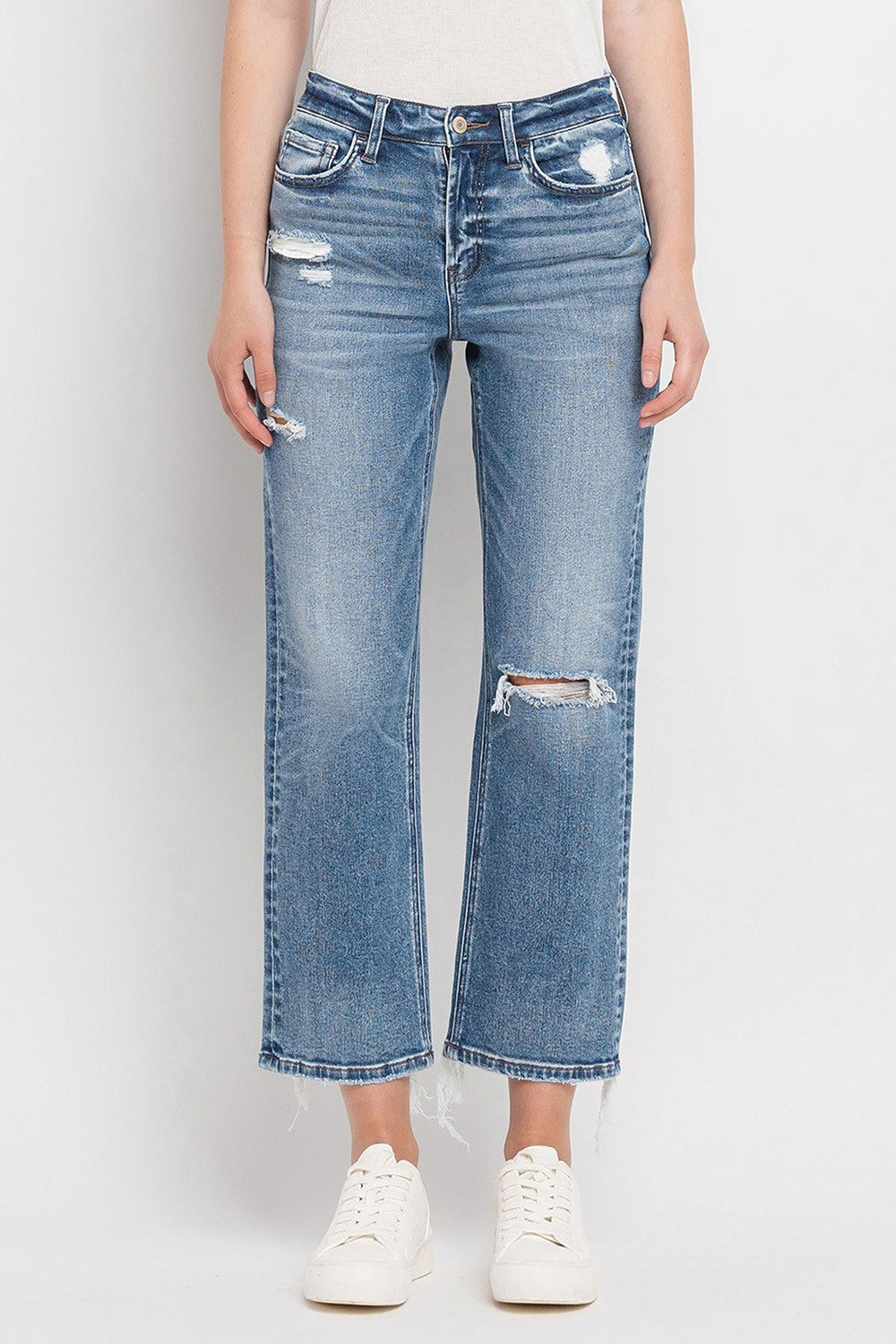 High Rise Distressed Hem Crop Straight Jeans