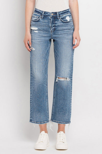 High Rise Distressed Hem Crop Straight Jeans