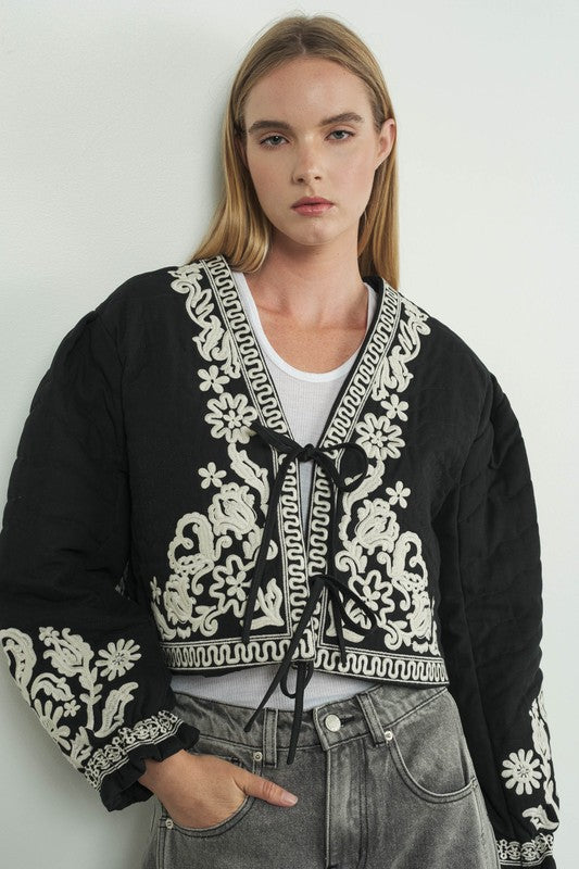 Embroidered Puff Sleeve Jacket with Tie