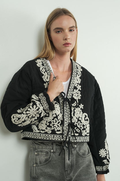 Embroidered Puff Sleeve Jacket with Tie