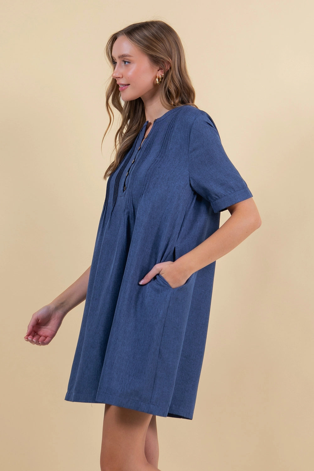 Half Button Down Pintuck Mini Dress