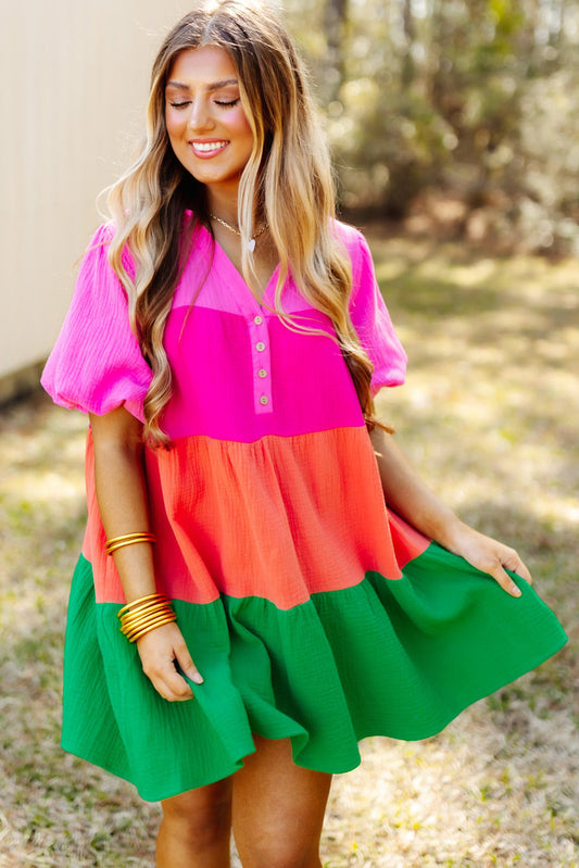 Multicolor Color Block Puff Sleeve Dress