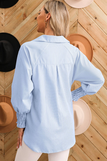 Smocked Cuffed Striped Boyfriend Shirt