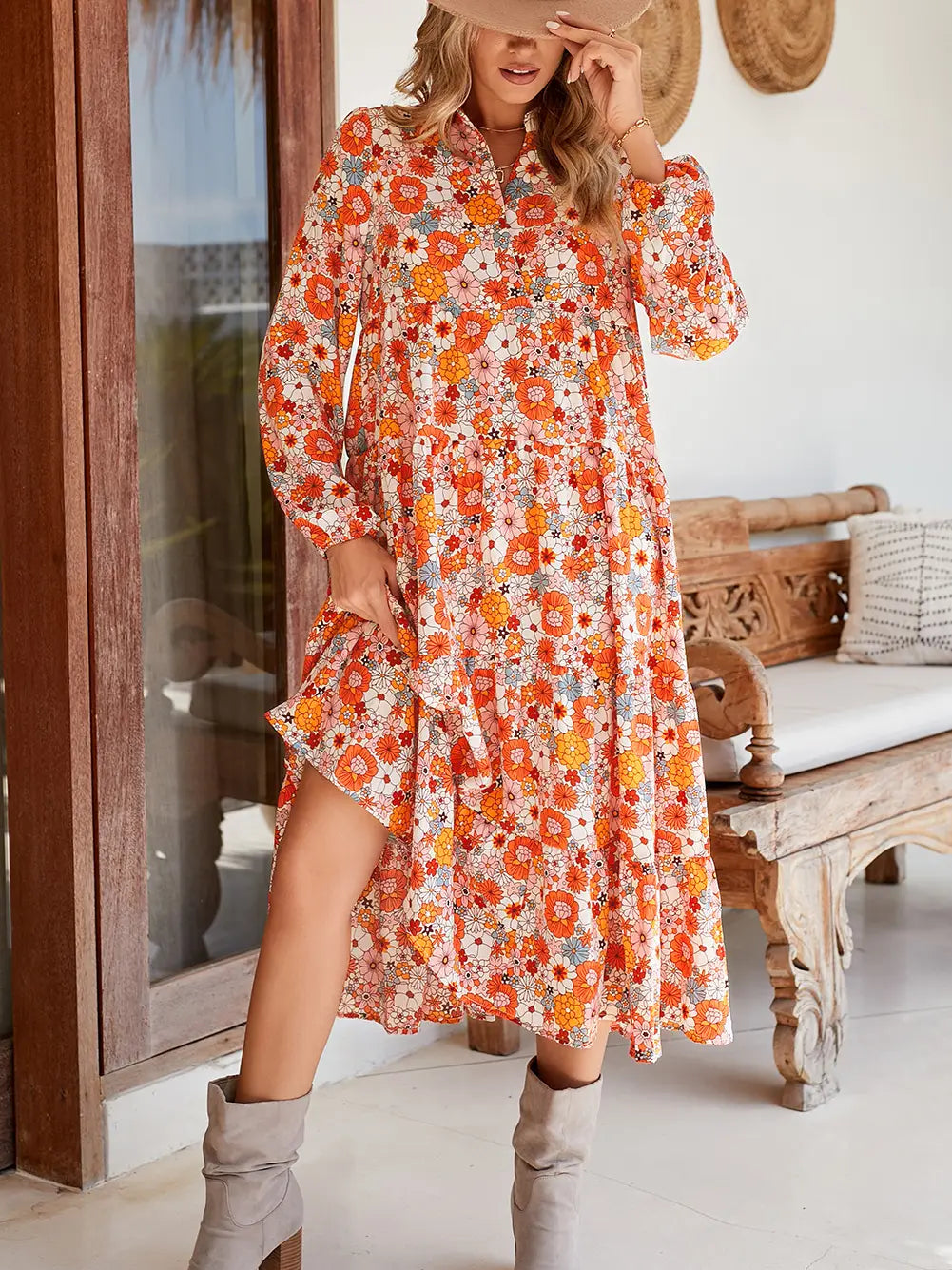 Retro Floral Long Sleeve Ruffled Dress