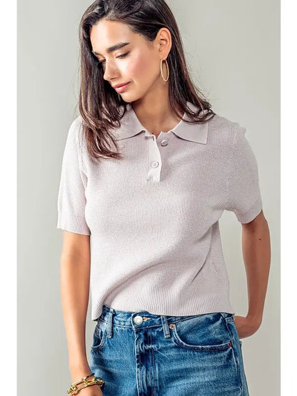 Ribbed Knit Collared Short Sleeve Polo