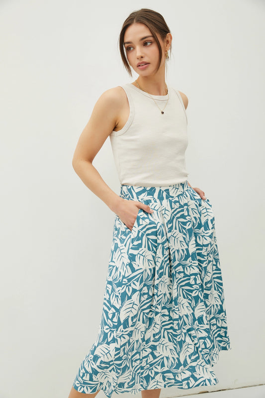 Tropical Print High Rise Pintucked Midi Skirt