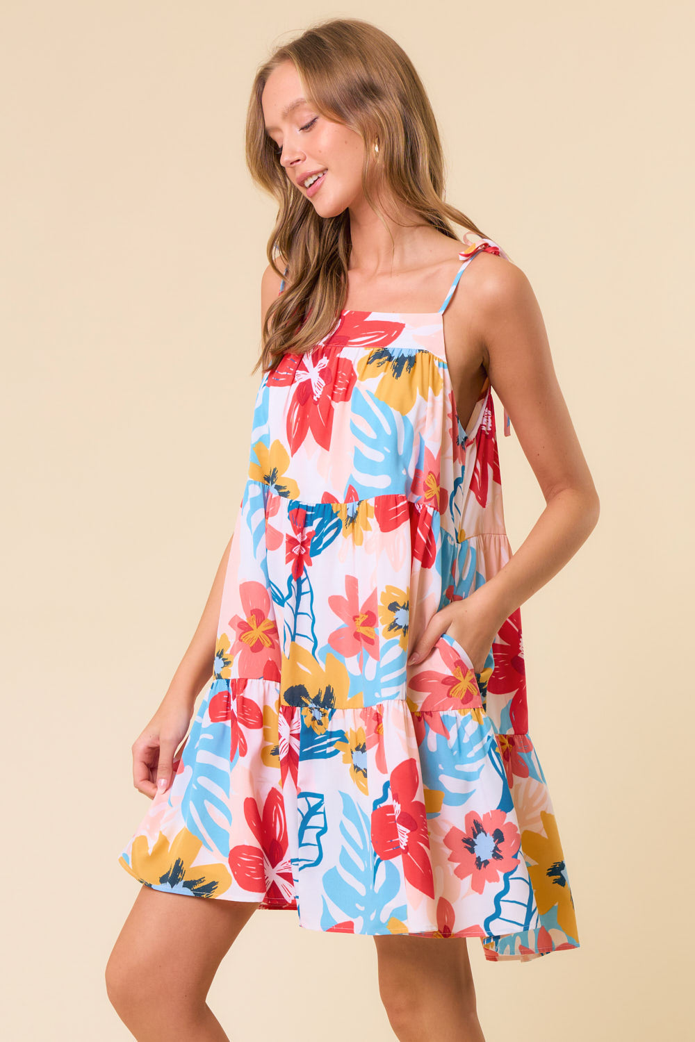 Floral Printed Tie Strap Tiered Mini Dress