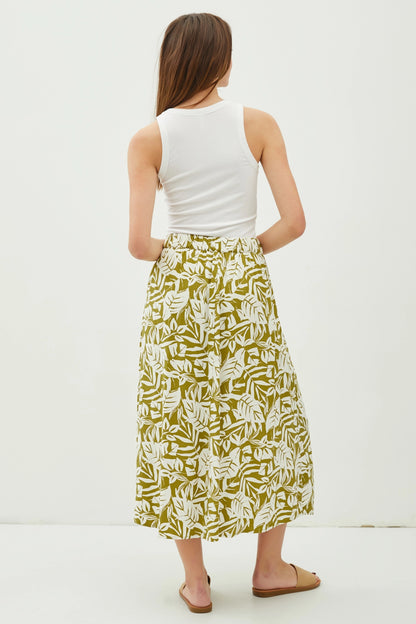 Tropical Print High Rise Pintucked Midi Skirt