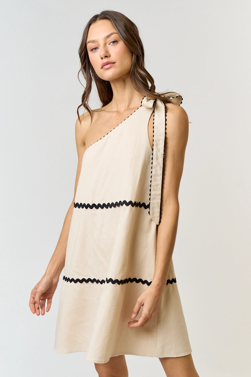 Linen Scalloped One Shoulder Babydoll Dress