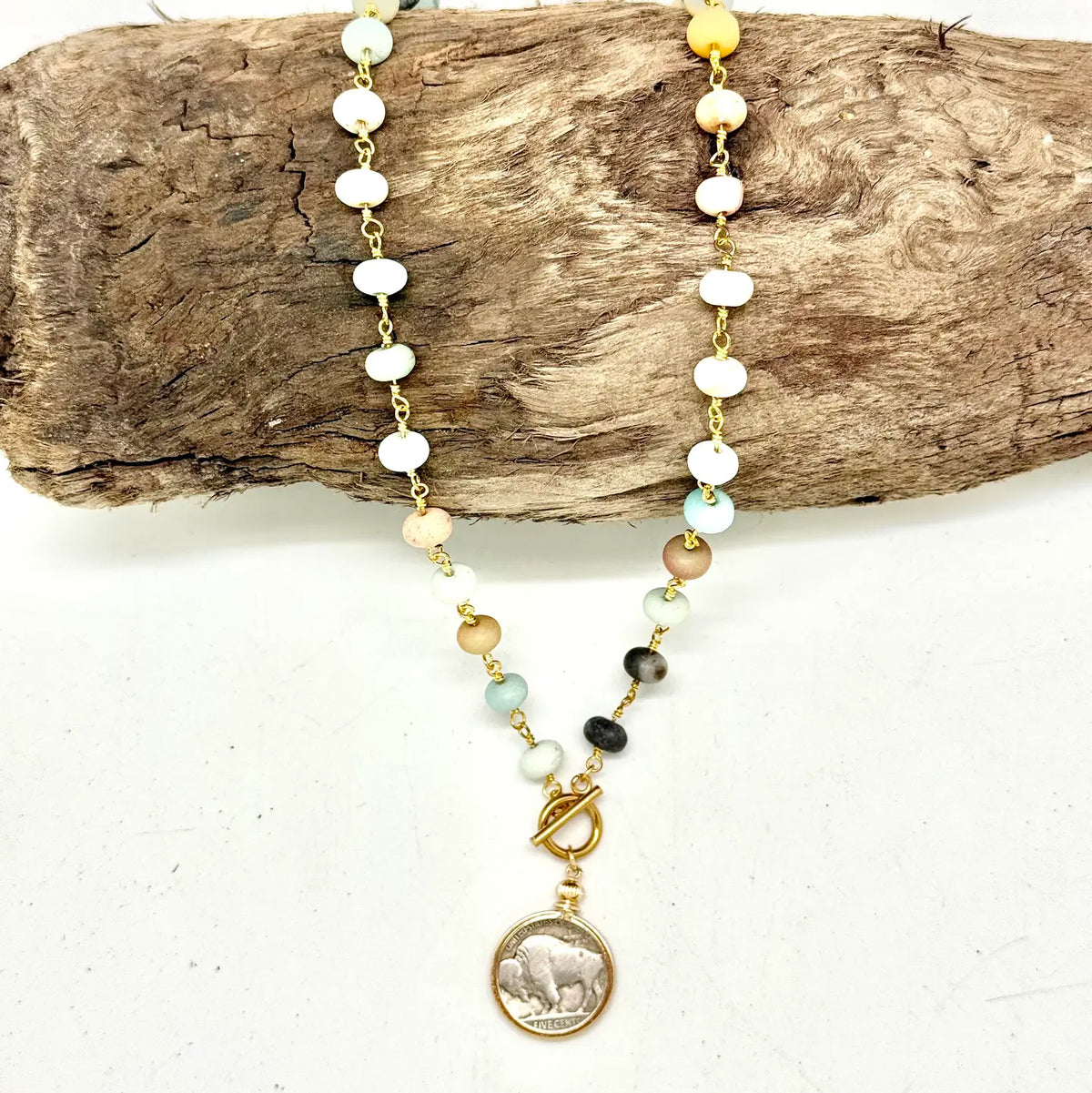 Amazonite Gold Chain w/ Buffalo Nickel /Toggle 18”