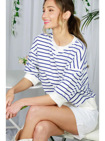 Crew Neck 1/2 Sleeve Cotton Strip Sweatshirt Top