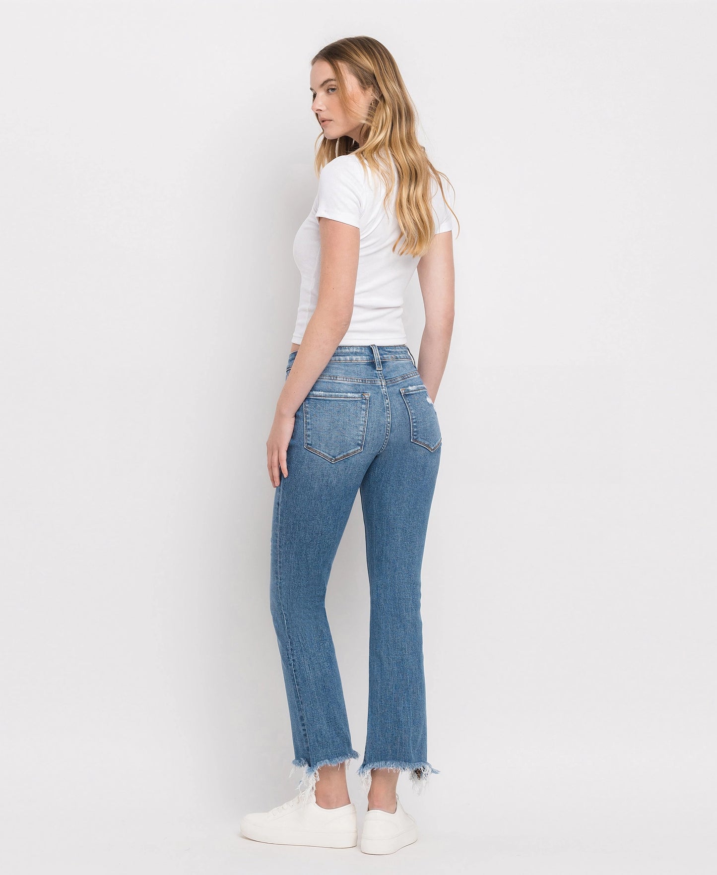 Mid Rise Distressed Ankle Bootcut Jeans