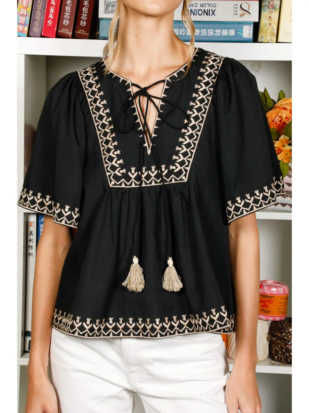Tie Neck Bohemian Embroidered Blouse
