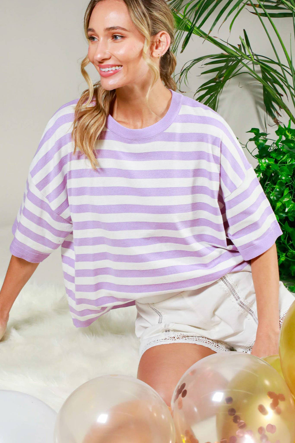 Crew Neck Short-Sleeve Stripe Sweater
