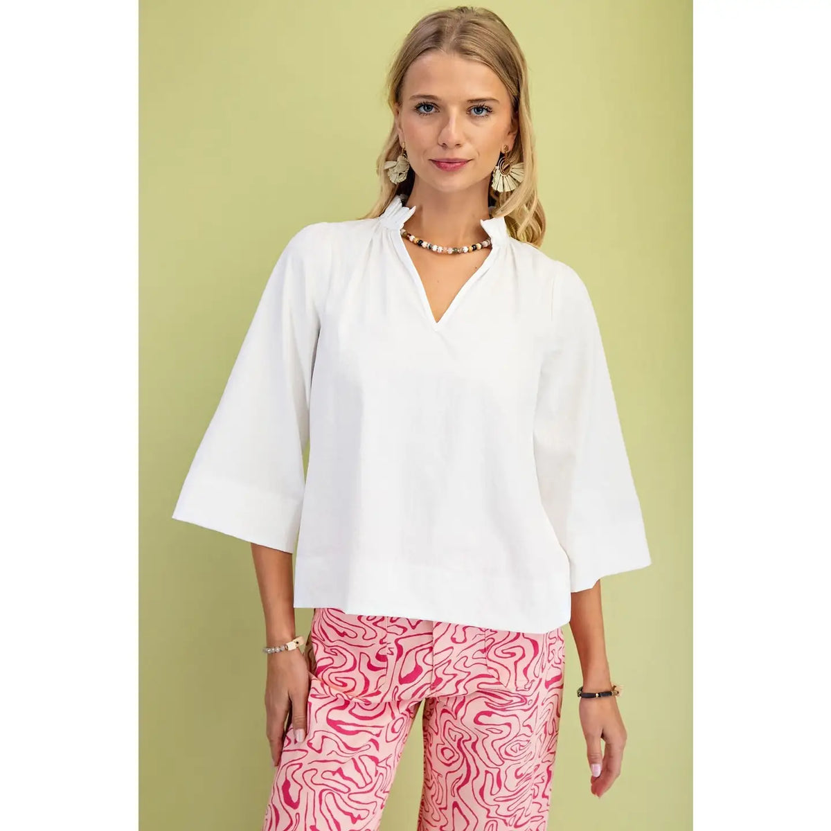 Wide Sleeves Ruffled Neck Blouse
