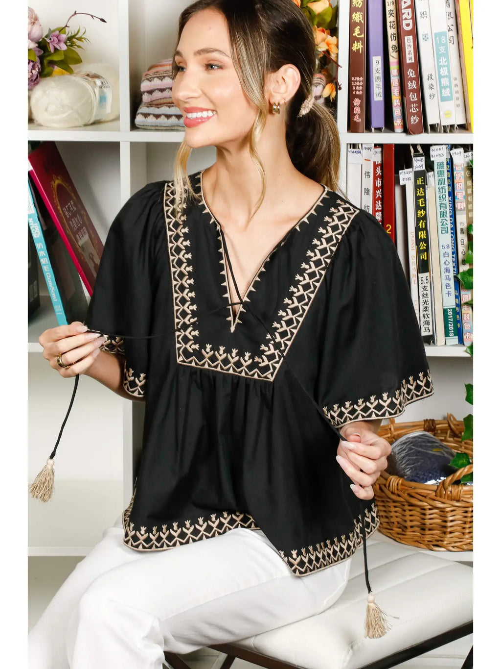 Tie Neck Bohemian Embroidered Blouse