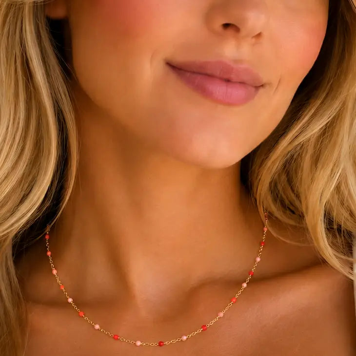 Red, Pink, and Orange Bead Gold Necklace