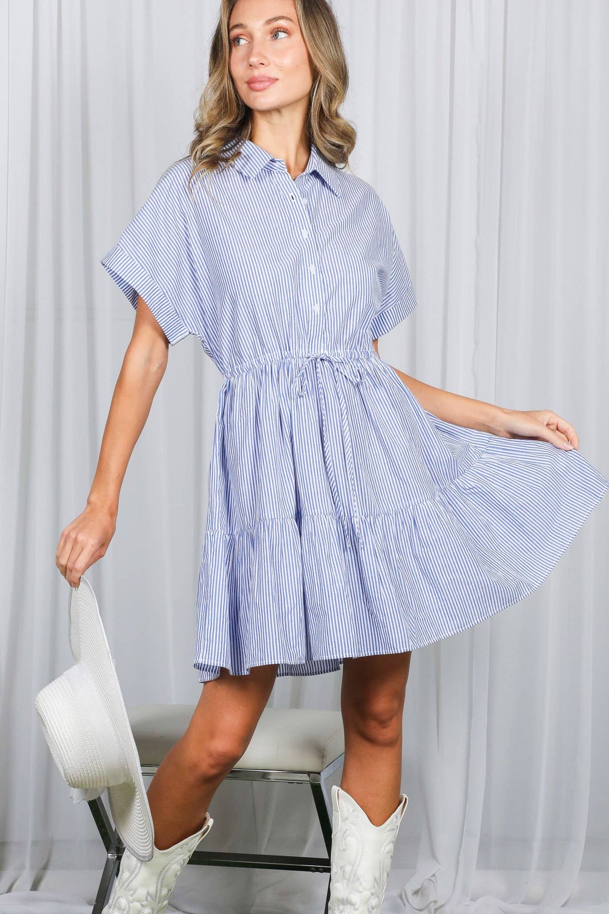 Striped Short Roll-Up Sleeve Casual Dress