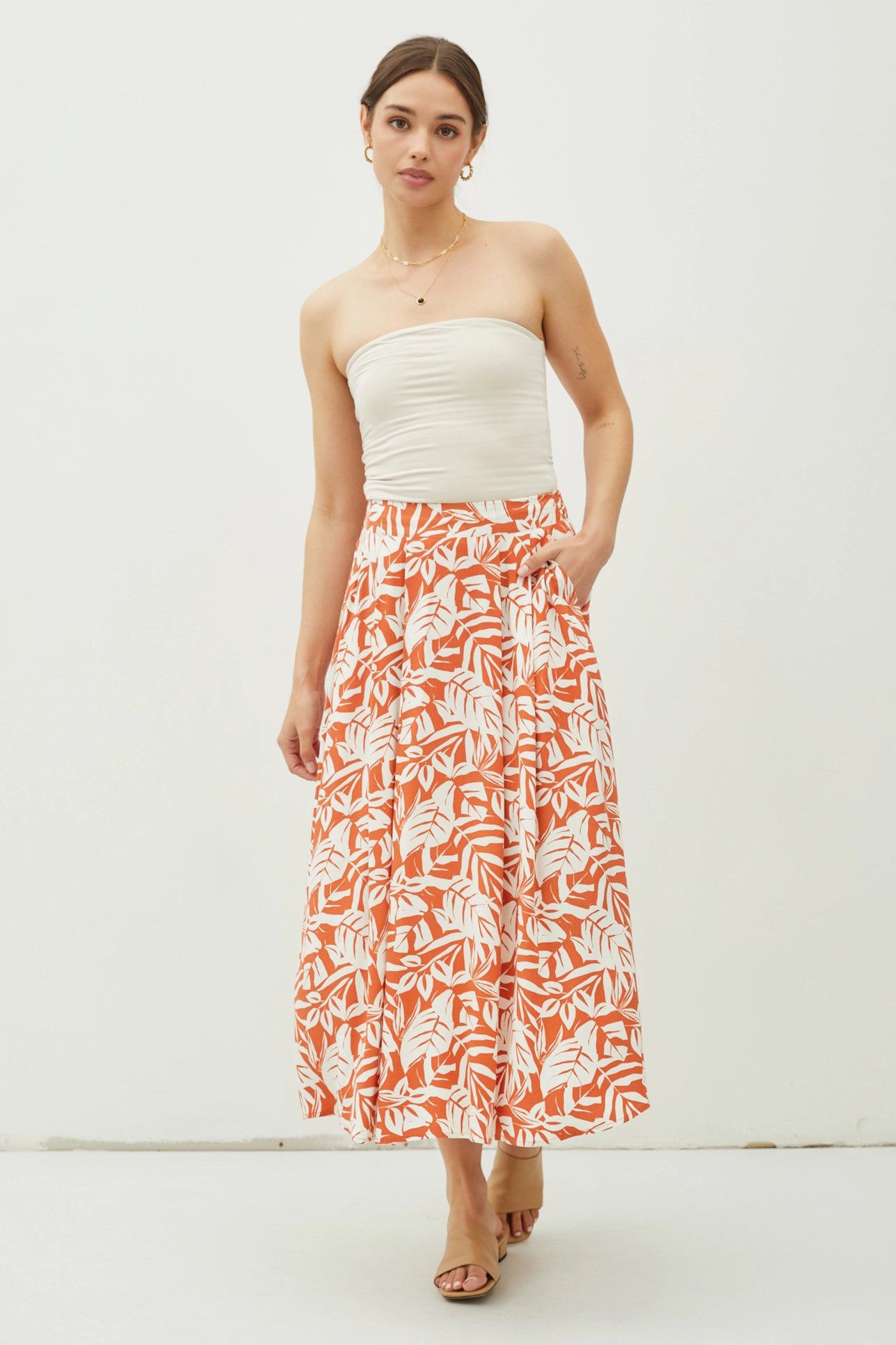 Tropical Print High Rise Pintucked Midi Skirt