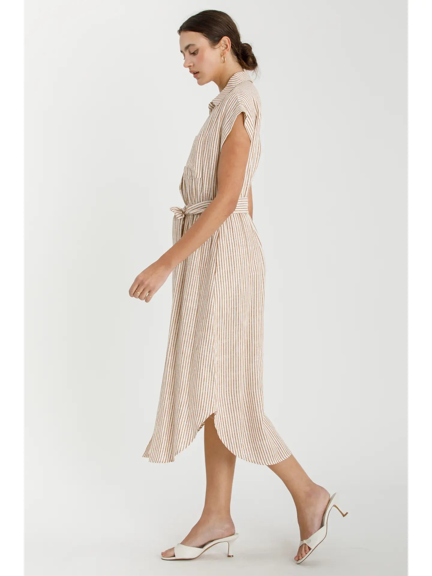 Striped Utility Style Shirt Dress W Waist Tie
