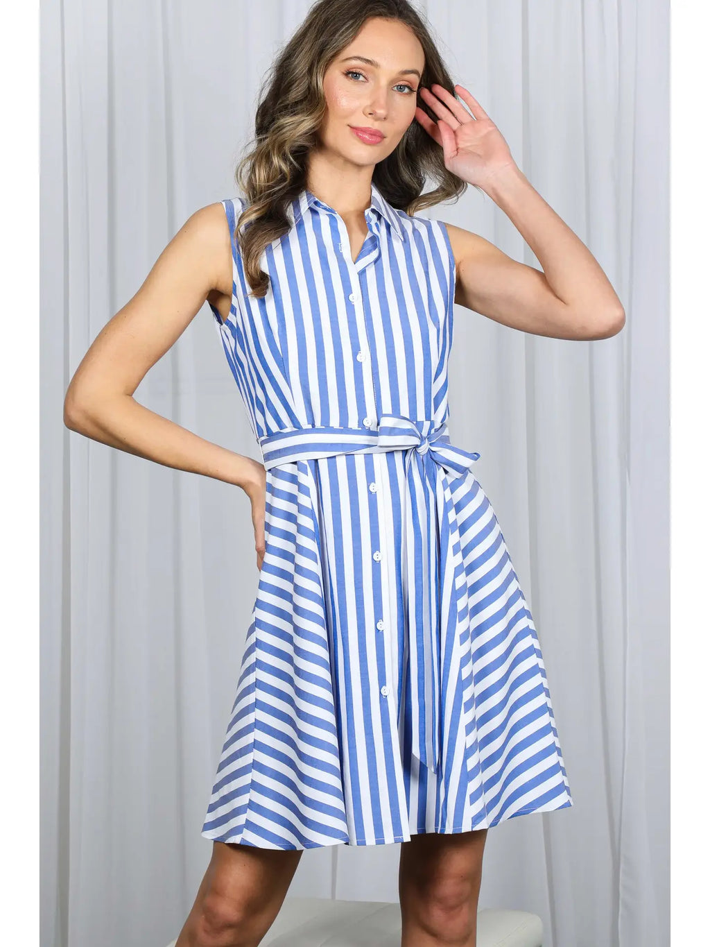 Sleeveless Self Tie Striped Shirt Dress