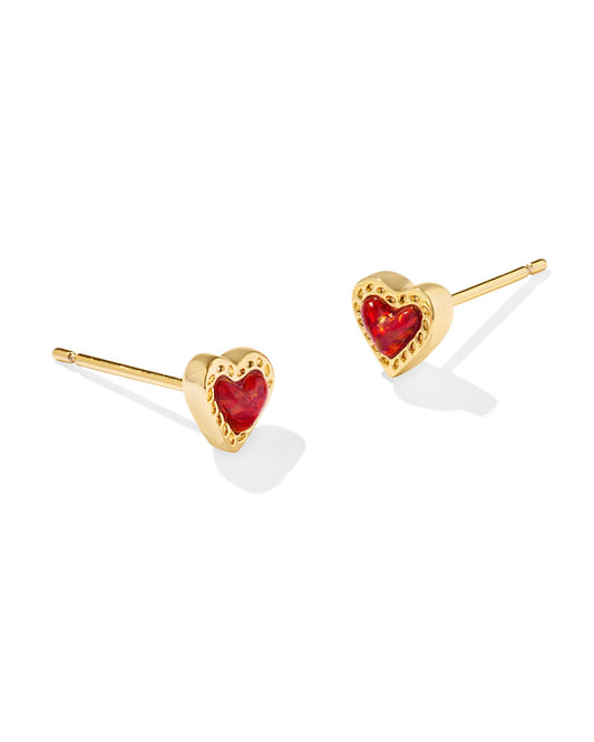 Mini Ari Heart Gold Stud Earrings | Red Kyocera Opal