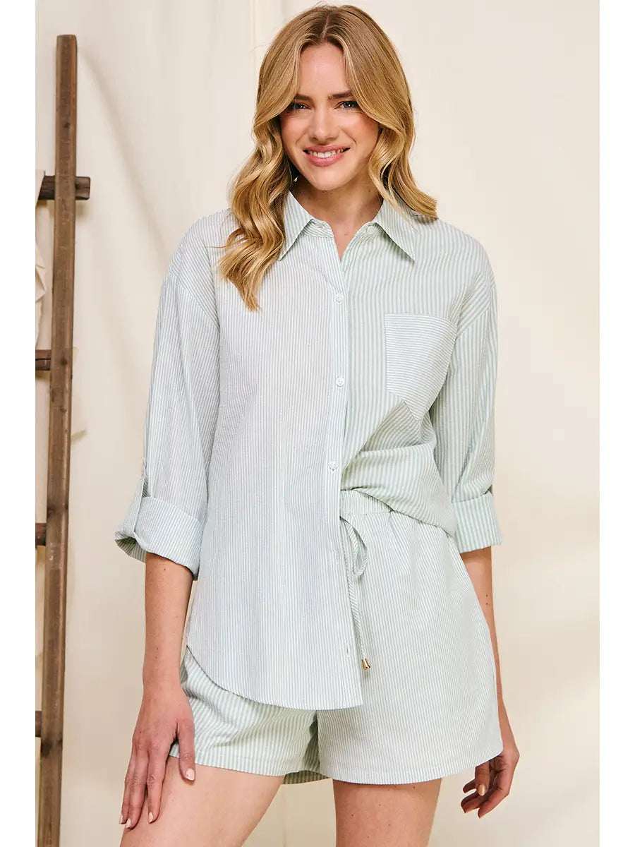 Twin Stripe Cotton Blend Button Up