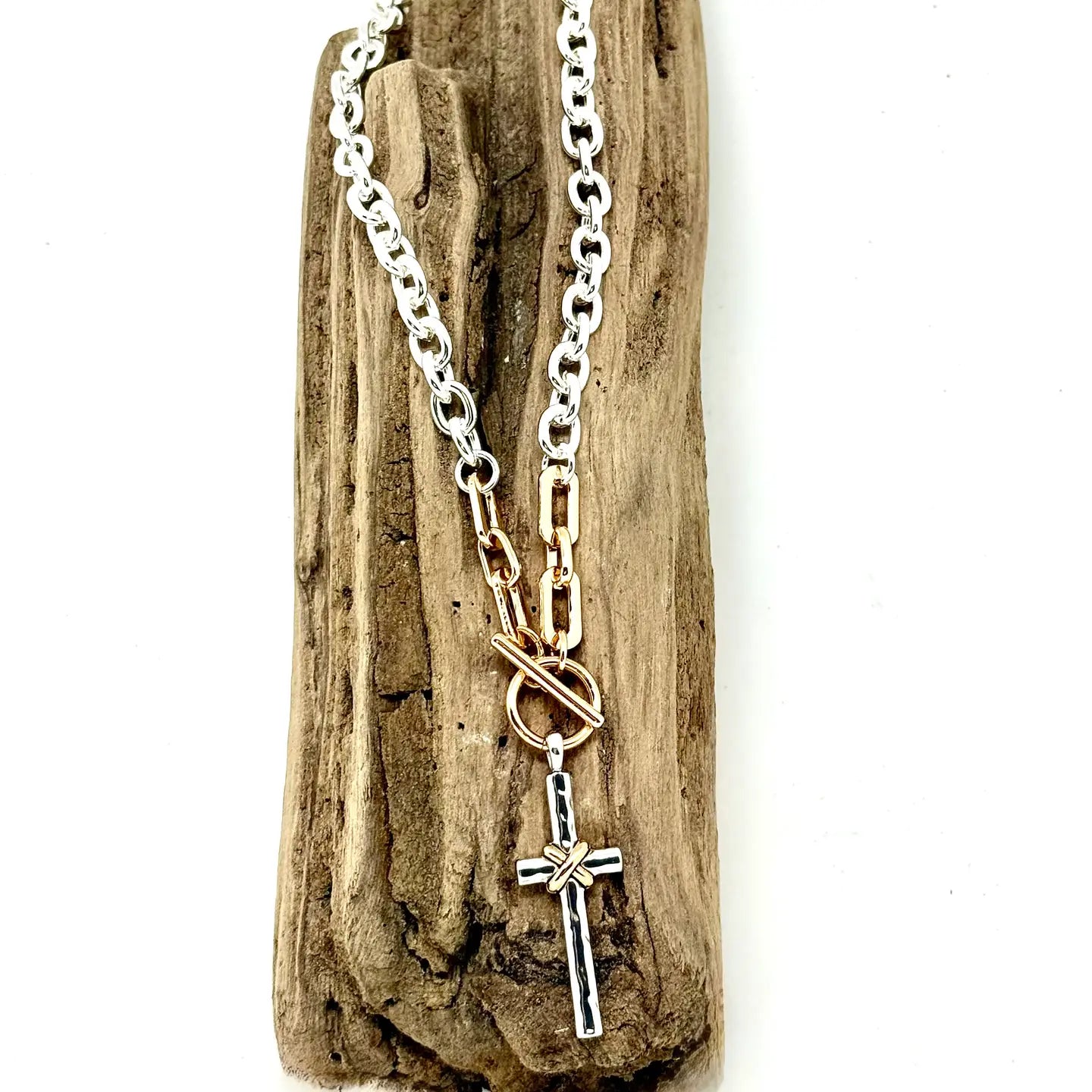 Necklace Alloyplated Lg.Multi Metal Cross W/Gold Toggle 18