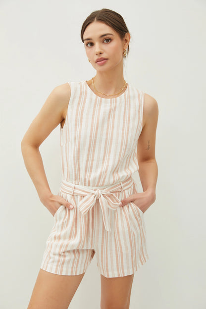 Linen Blend Belted Striped Romper