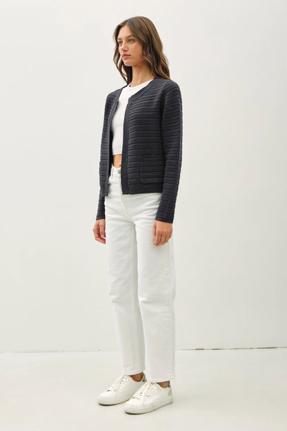 Raised Rib Round Neck Open Cardigan