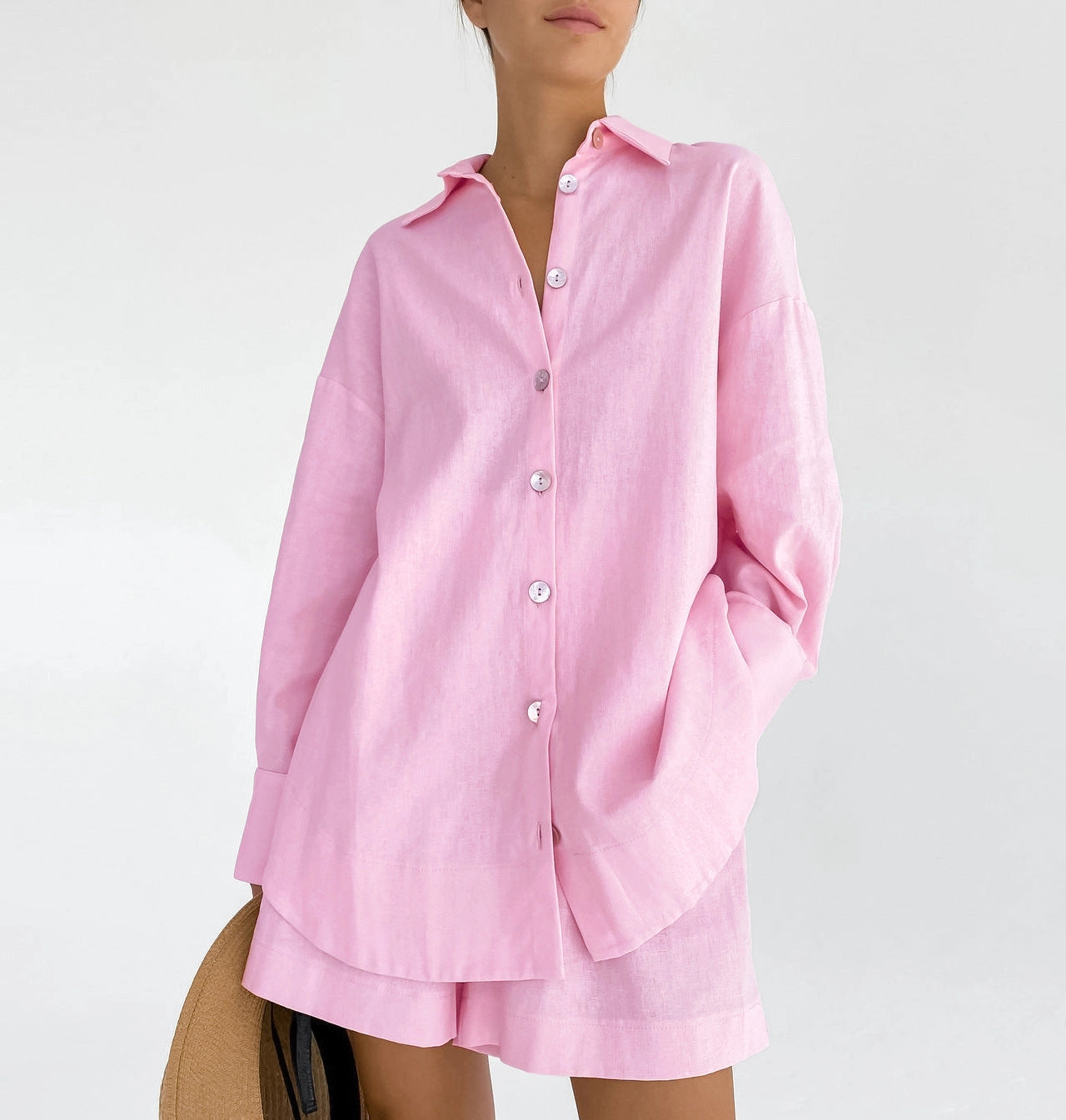 Solid Color Shirt and Long loose Shorts 2 Peice Set
