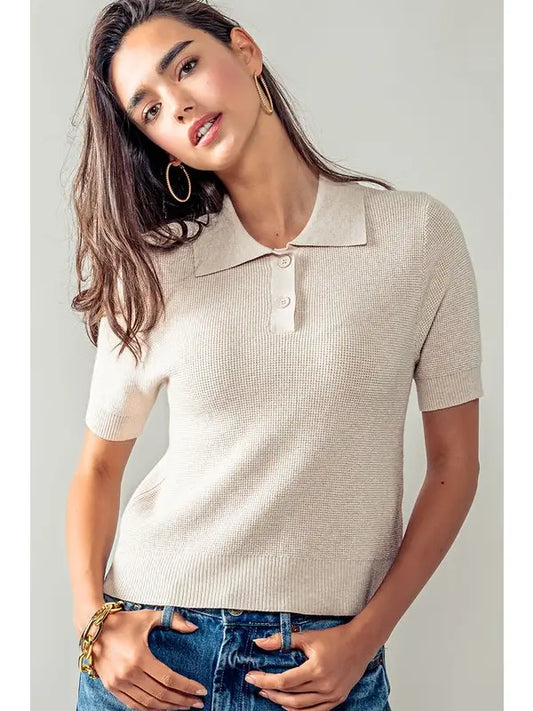 Ribbed Knit Collared Short Sleeve Polo