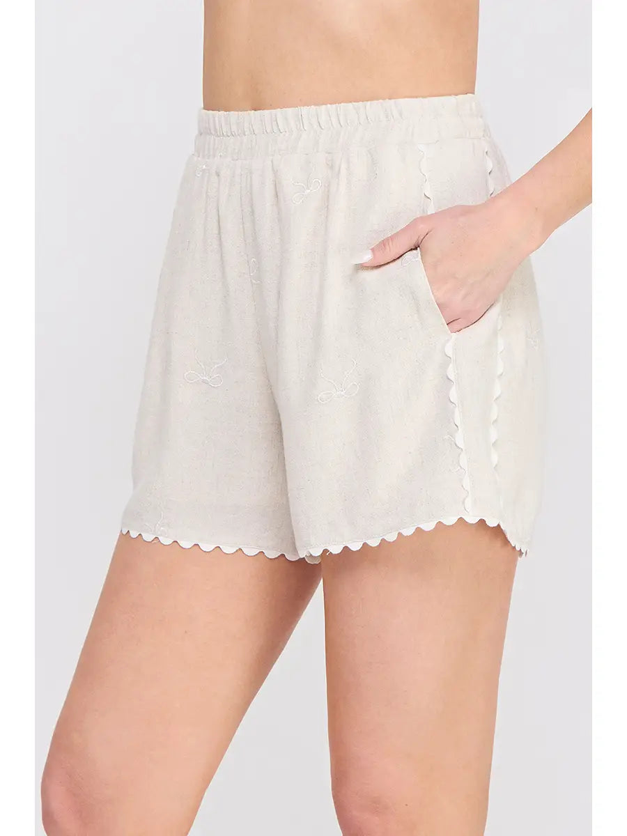 Ribbon Embroidered Linen Shorts Scallop Trim