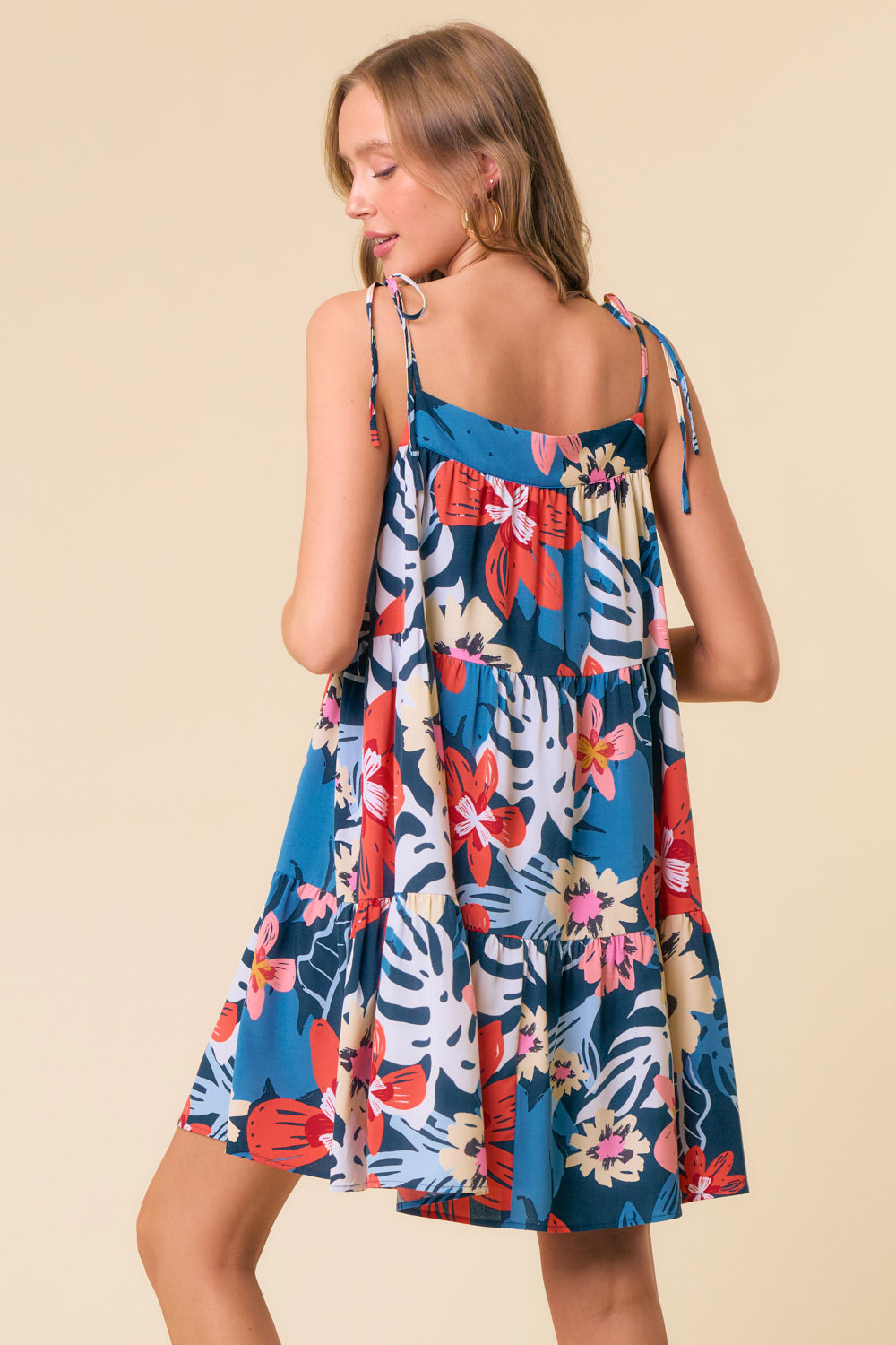 Floral Printed Tie Strap Tiered Mini Dress