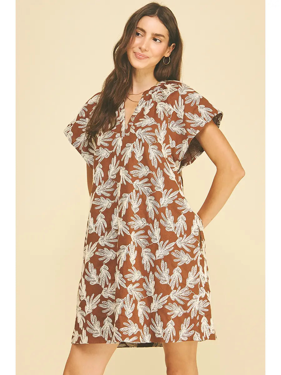 Embroidered Leaf Cap Sleeve Dress