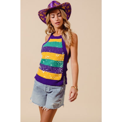 Mardi Gras Color Wide Stripe Clear Sequins Sweater